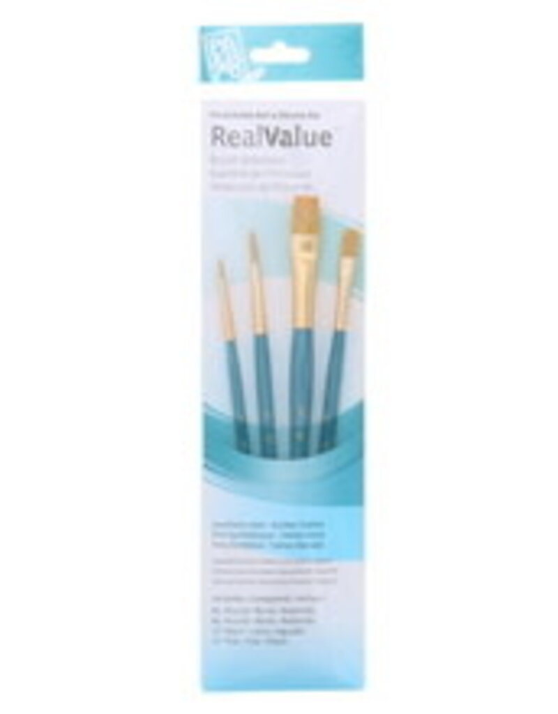 Real Value 4-Brush Golden Taklon Set - Round 1, 4, Wash 1/4, Flat 1/2