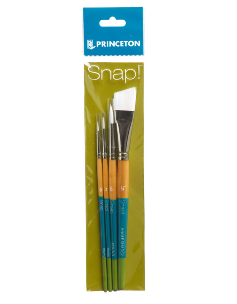 Snap Short Handle White Nylon Taklon 4-Brush Set (Angle Shader 3/4", Round 0, 2 & 6)