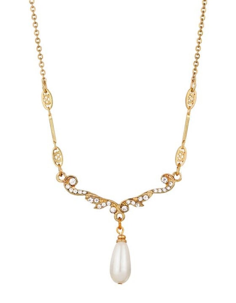 1928 Jewelry 1928 Jewelry Edwardian Teardrop Faux Pearl Crystal Necklace