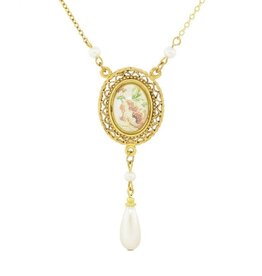 1928 Jewelry 1928 Jewelry Oval Flower Decal Faux Pearl Teardrop Pendant