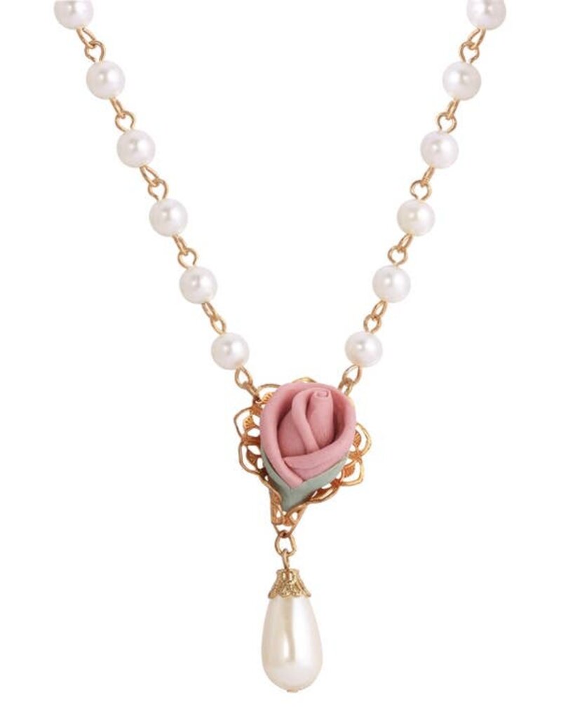 1928 Jewelry 1928 Jewelry Pink Porcelain Rose Bud Faux Pearl Pendant Necklace