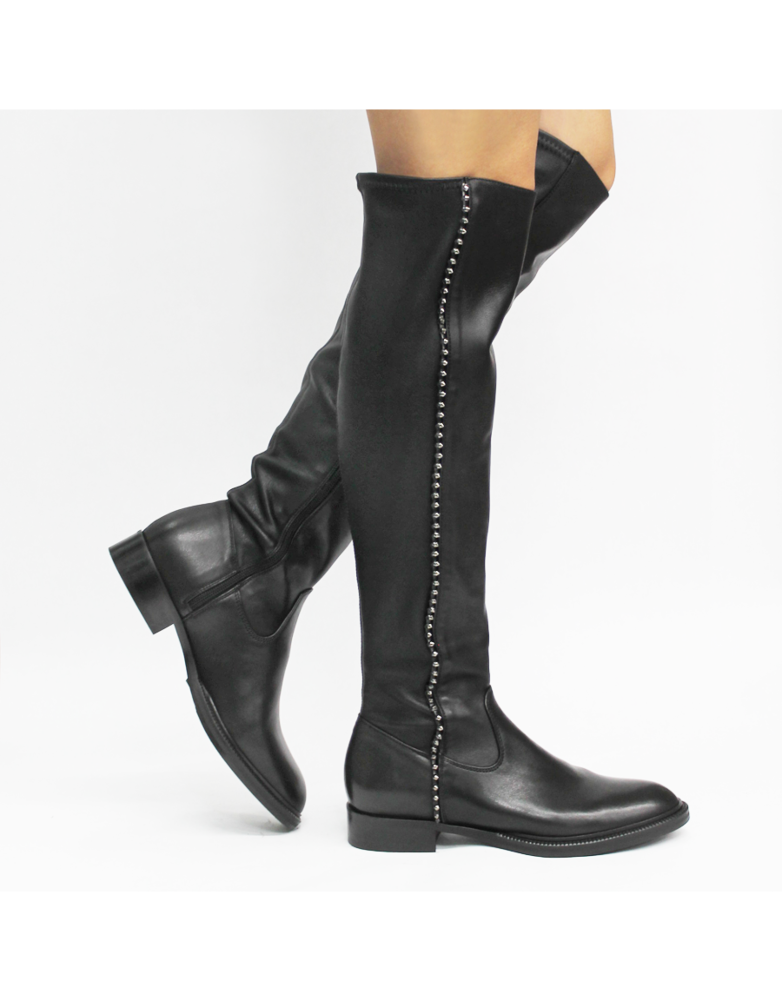Now Now Black Flat Knee Boot with Studs 7176