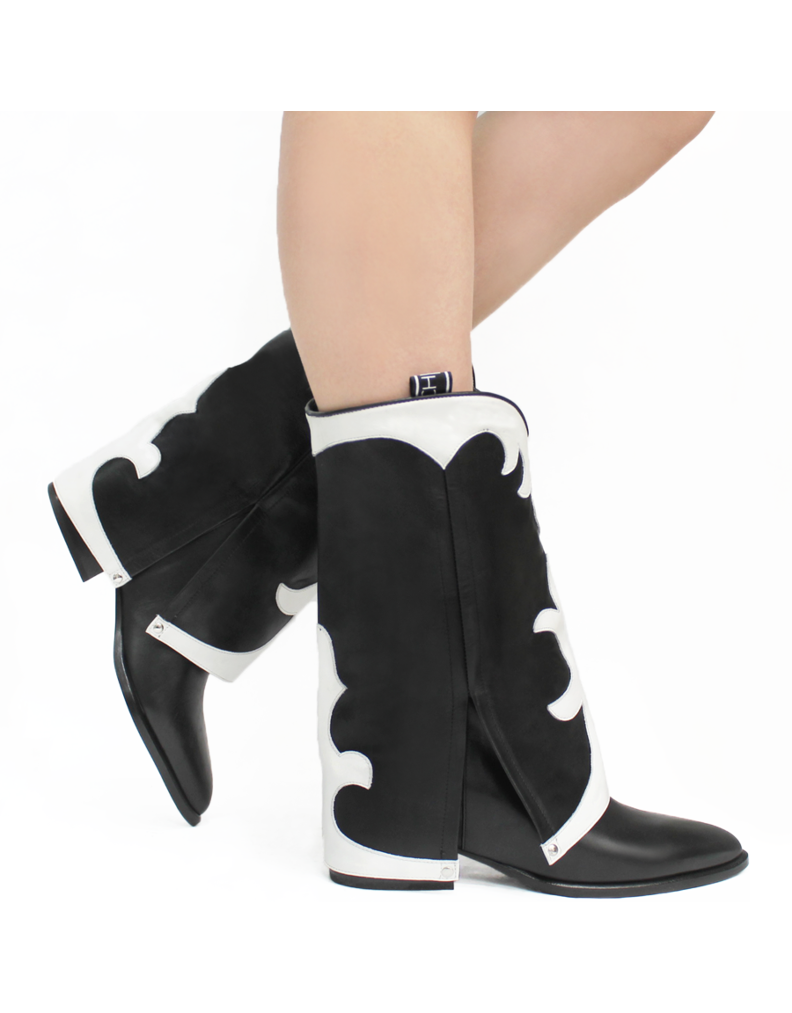 ElenaIachi ElenaIachi Black/White MidCalf  Cuff Western Boot 3645