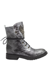 Now Now N47F Silver Crackle Lace-Up Moto Boot With Crystal Wings 9290