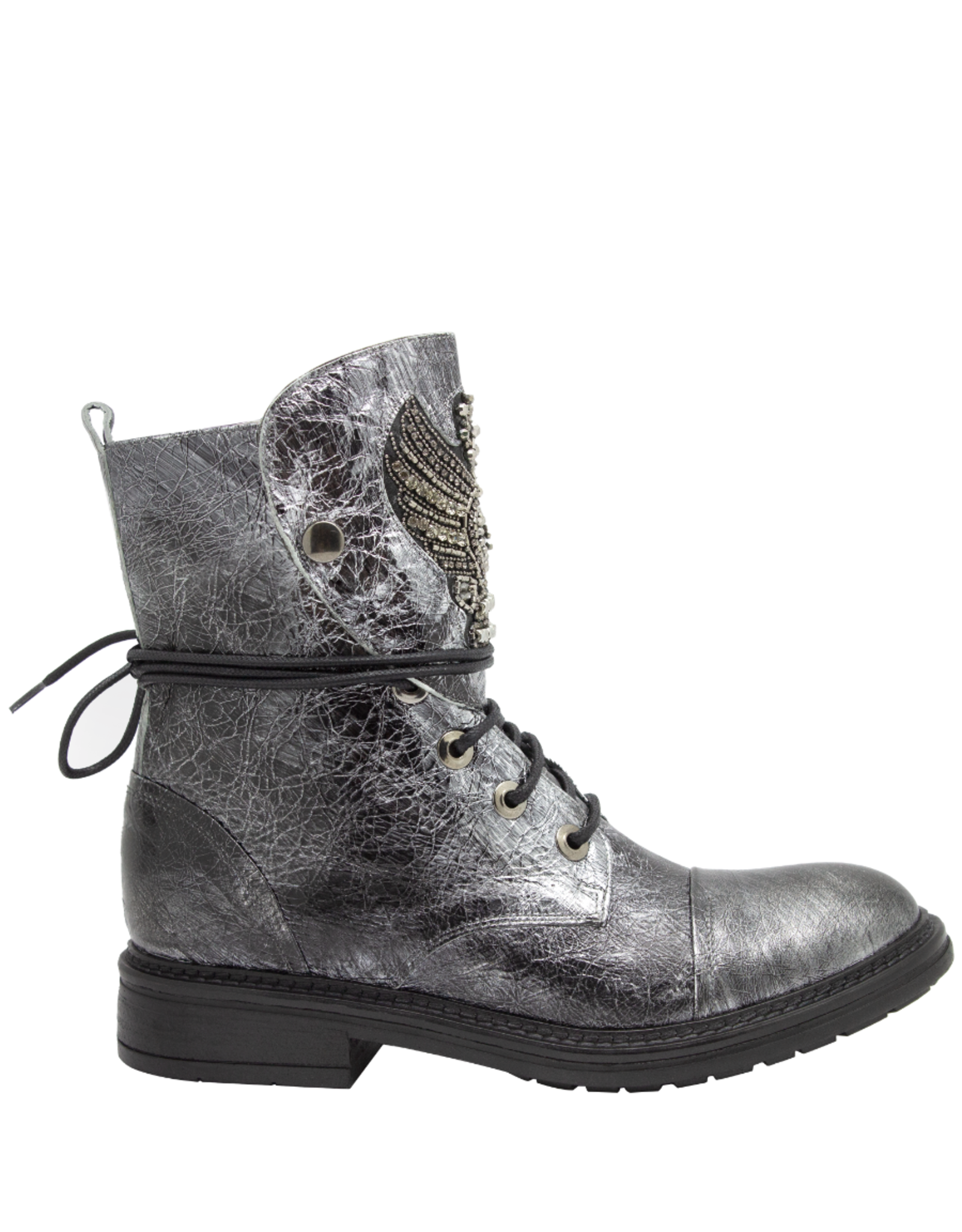 Now Now N47F Silver Crackle Lace-Up Moto Boot With Crystal Wings 9290