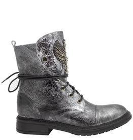 Now Now N47F Silver Crackle Lace-Up Moto Boot With Crystal Wings 9290