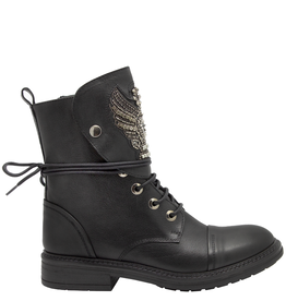 Now Now N47G Black Lace-Up Moto Boot With Crystal Wings 9290