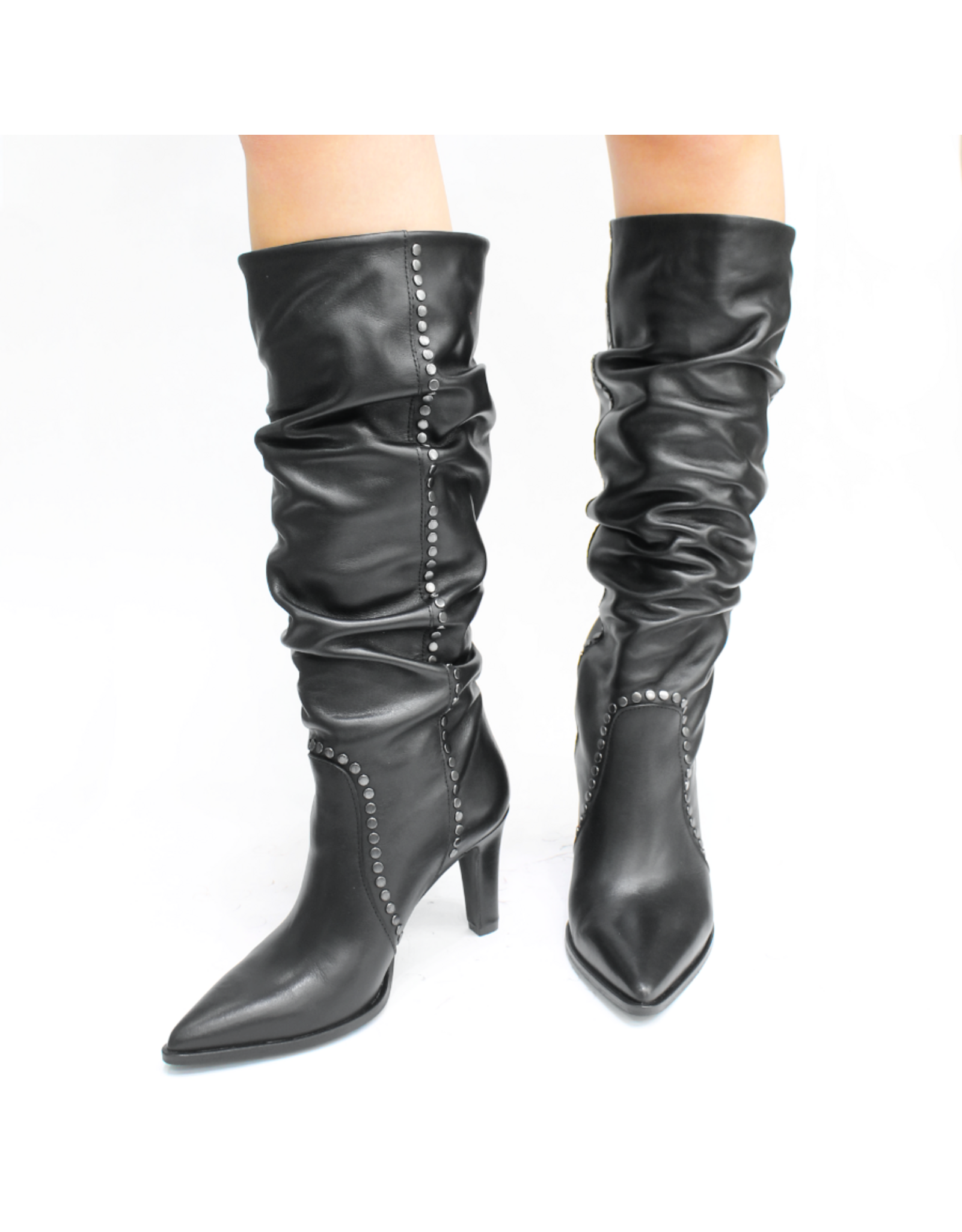 Mimmu Mimmu MM1F Black Ruched Knee Boot W/ Studs Sylvie