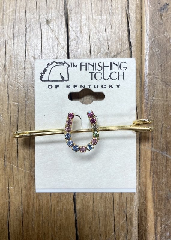 The Finishing Touch Of Kentucky Pastel Rainbow Rhinestone Horse Shoe and Gold Medium Stock Pin