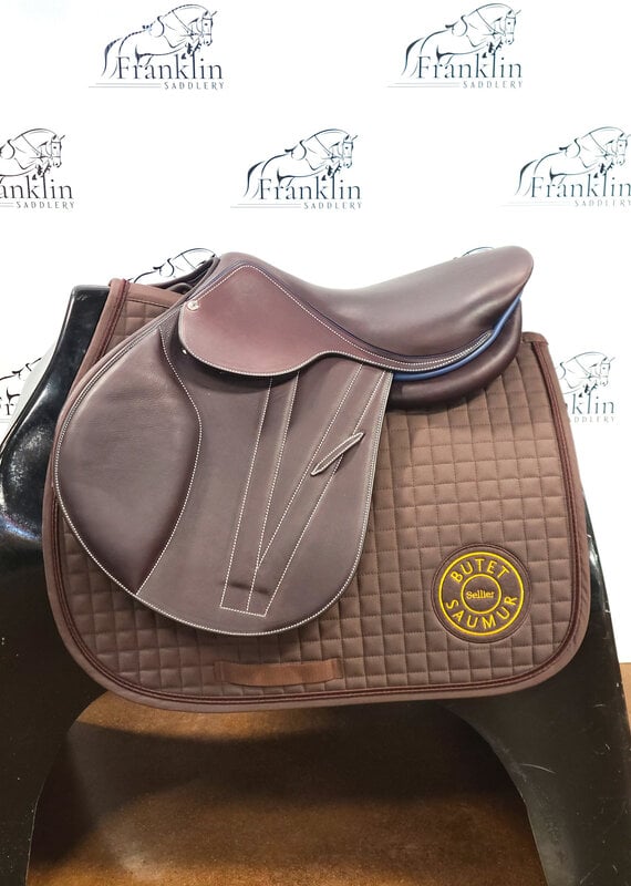 Butet Butet Premium Integrated L 16.5" Seat 2.5 Flap Standard Tree Cachou Saddle with Navy Rear Piping and Seat Stream