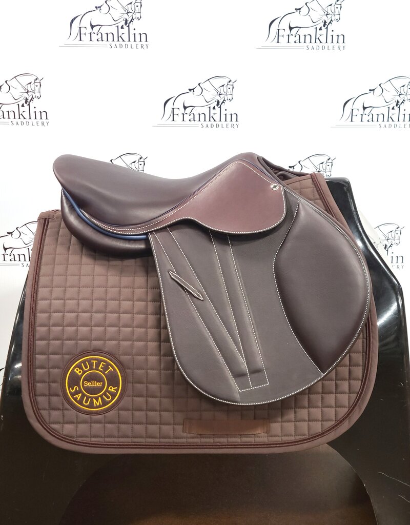 Butet Butet Premium Integrated L 16.5" Seat 2.5 Flap Standard Tree Cachou Saddle with Navy Rear Piping and Seat Stream