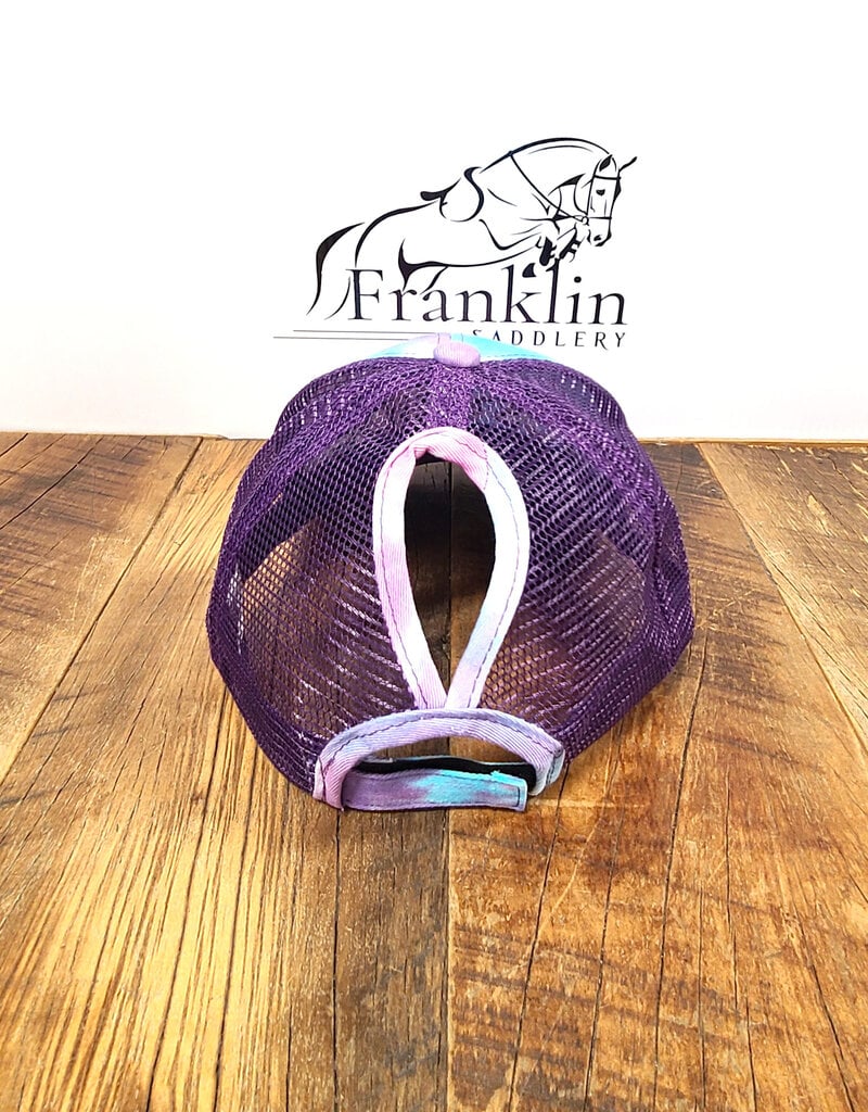 Just Ride Mesh Back Ponytail High Bun Ball Cap Purple Tie-Dye
