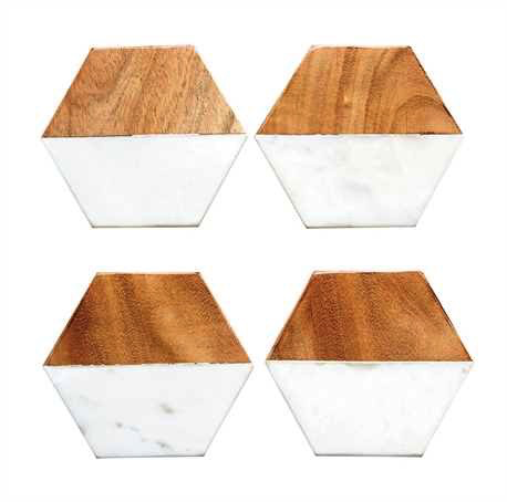 Hexagon Marble & Mango Wood Coasters, Set of 4