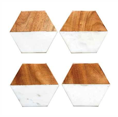 Marble & Mango Wood Hexagon Shaped Coasters, Set of 4