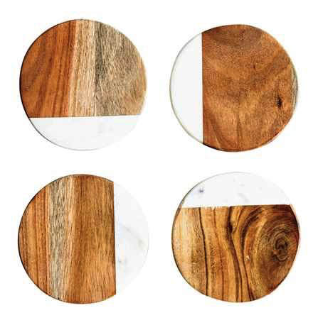 Round Marble & Mango Wood Coasters, Set of 4