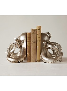 Resin Octopus Bookends, Silver, Set