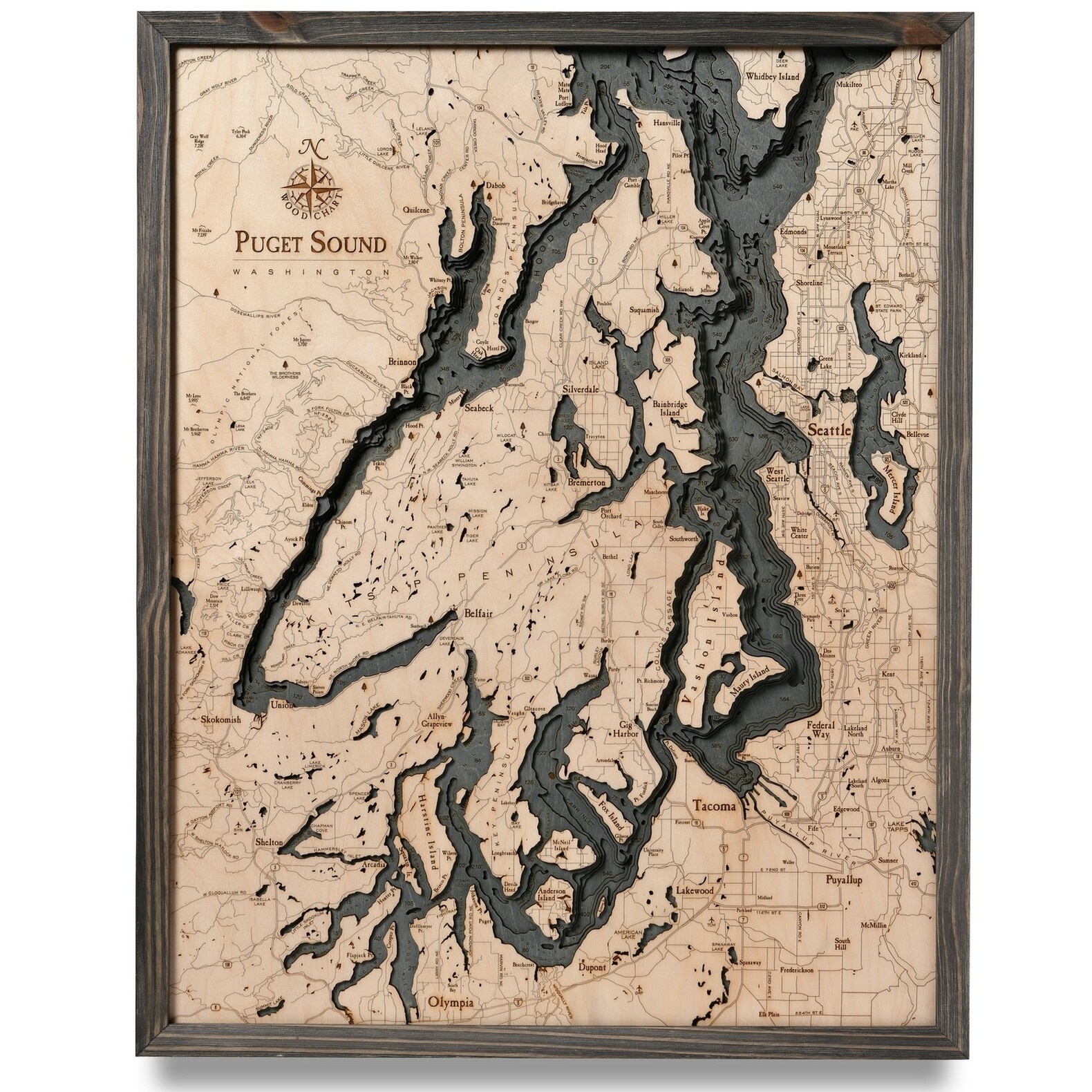 Puget Sound Wood Map - Gray Frame 24.5"W x 31"L