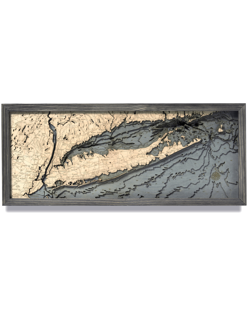 Long Island Sound Wood Map - Gray Frame 13.5” x 31”