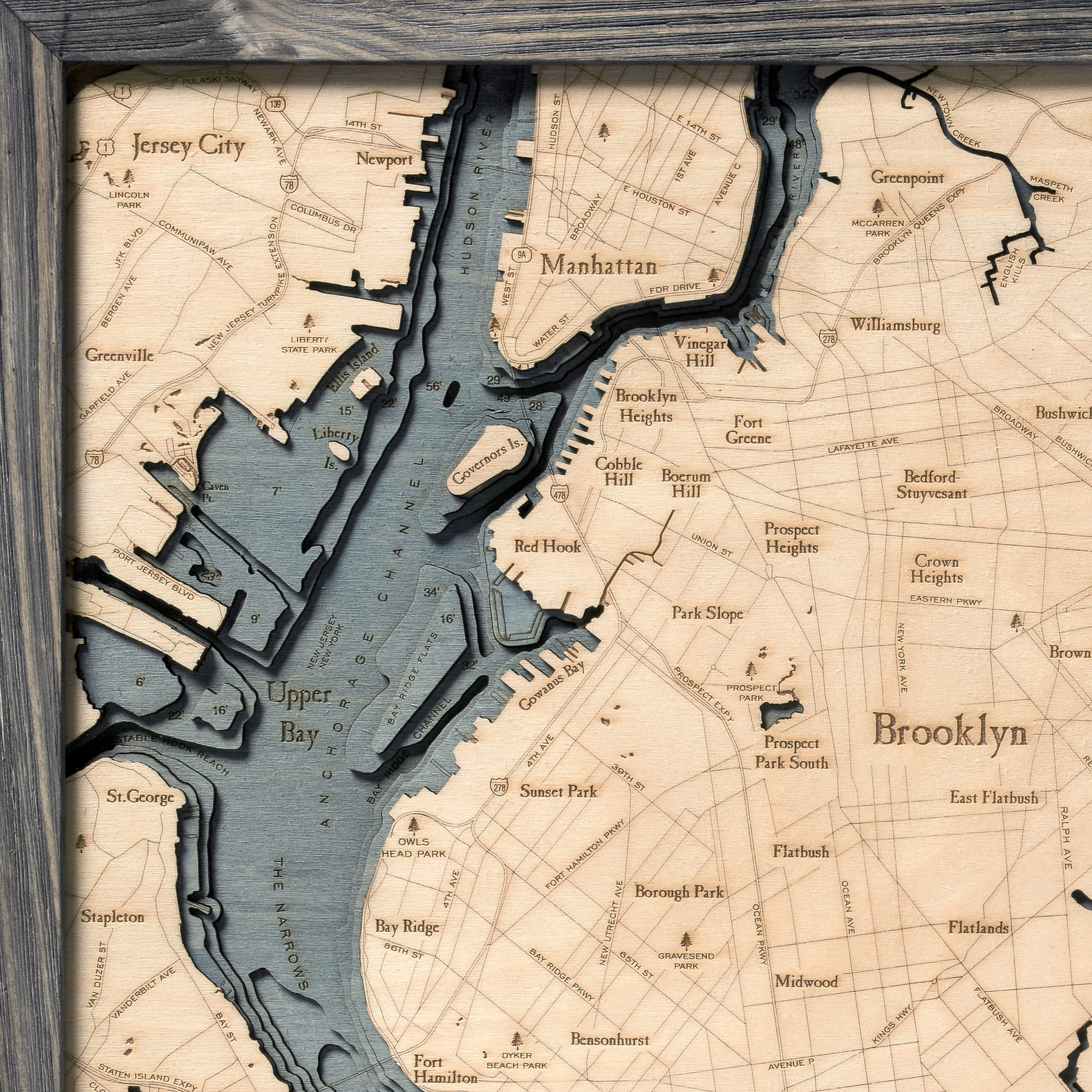 Brooklyn Wood Map - Gray Frame 24.5"W x 31"L