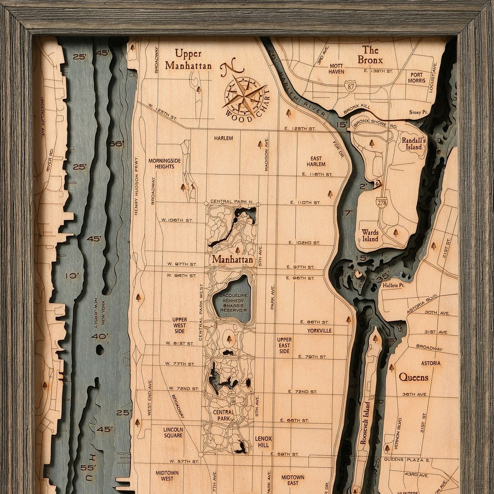Manhattan Wood Map - Gray Frame 13.5"W x 31"L