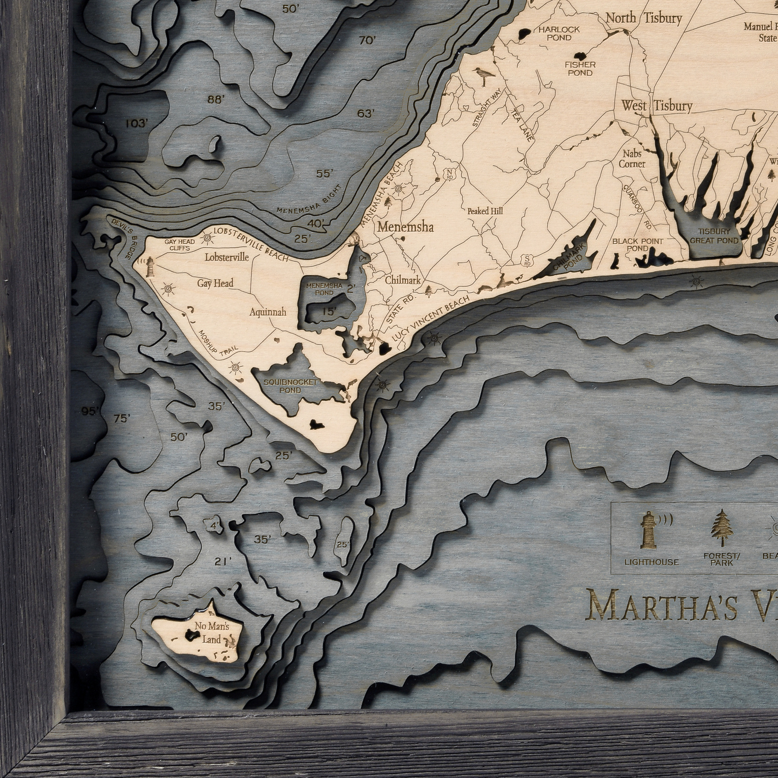 Martha’s Vineyard Wood Map -  Gray Frame 16"W x 20"L