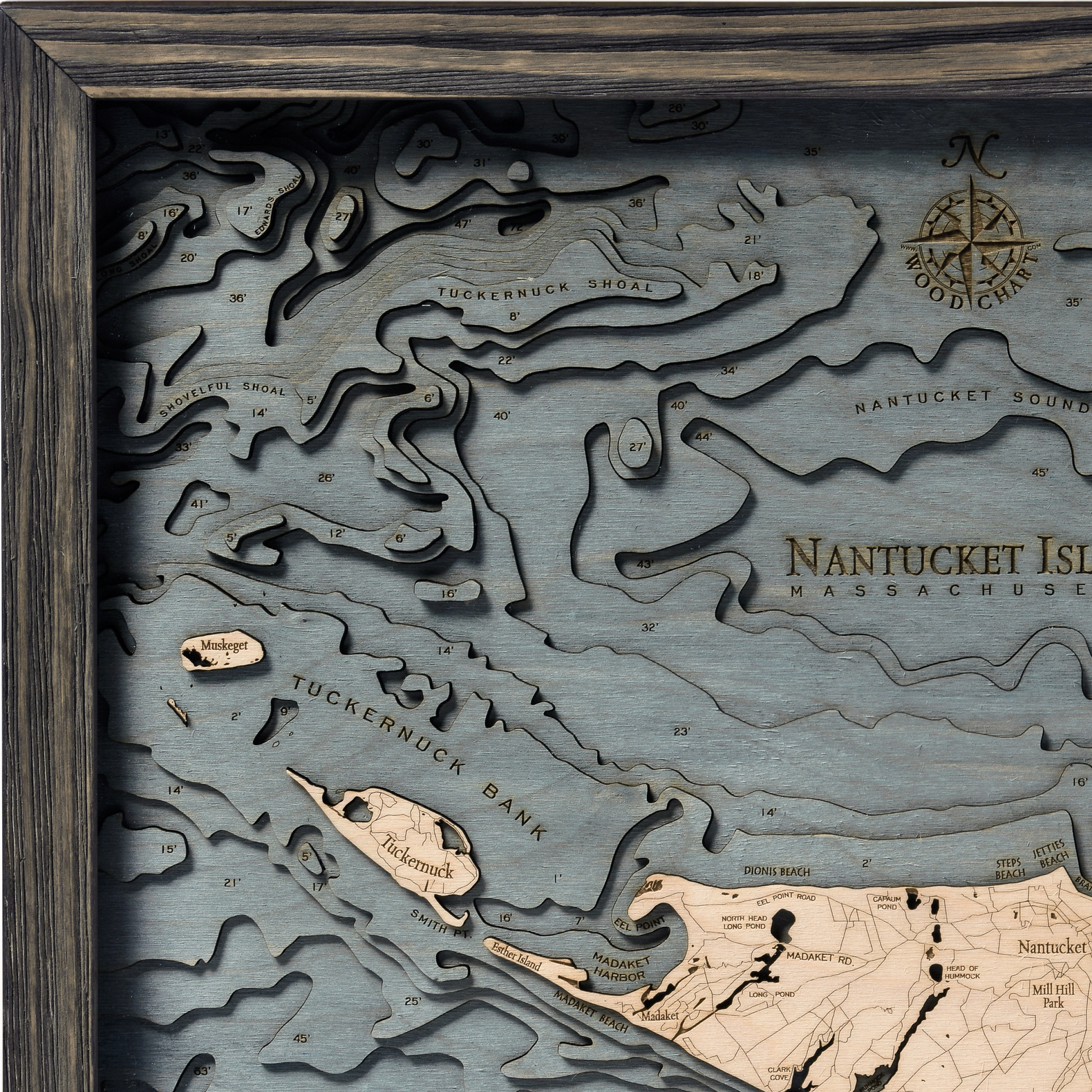 Nantucket Island Wood Map - Gray Frame 16"W x 20"L