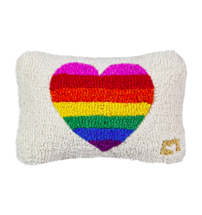 Provincetown Rainbow Glow Heart Hooked Wool Pillow 8” x 12”