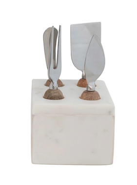 Stainless Steel Cheese Servers w/ Mango Wood Handles & Marble Stand, White & Natural, Set of 5