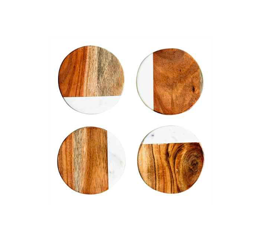 Round Marble & Mango Wood Coasters, Set of 4