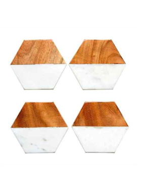 Hexagon Marble & Mango Wood Coasters, Set of 4