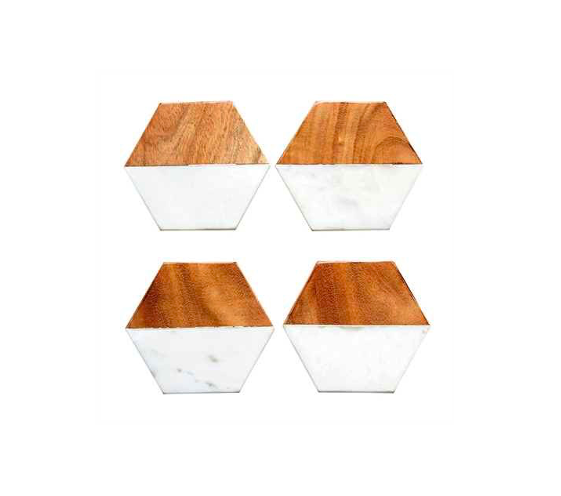 Hexagon Marble & Mango Wood Coasters, Set of 4