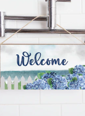 Twine Sign - Welcome Hydrageas & Fence
