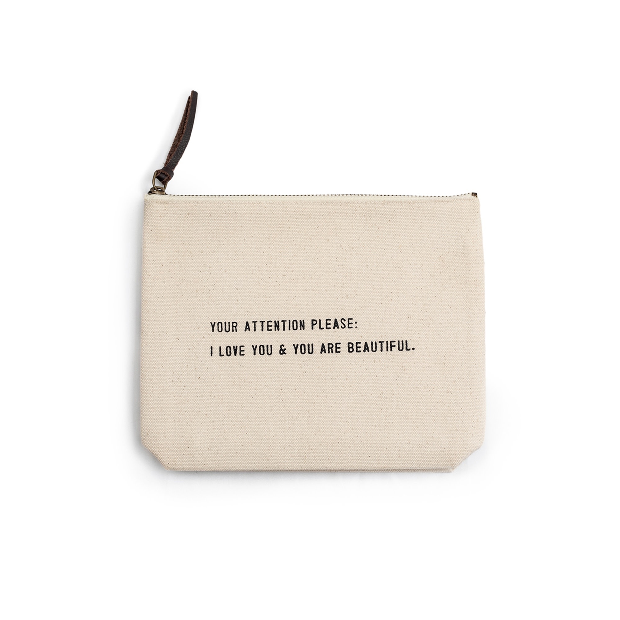 Your Attention Please Canvas Bag - Beige Canvas with Leather Zipper Tassle 9" x 7"