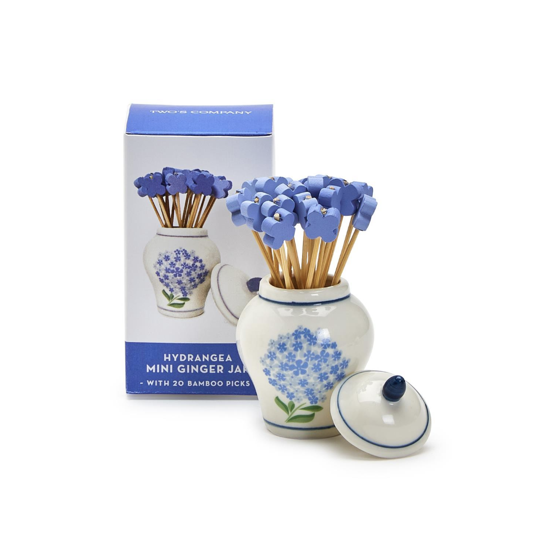 Hydrangea Ginger Jar with 20 Flower Shape Cocktail Picks in Gift Box - Ceramic/Bamboo