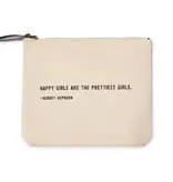 Happy Girls Are The Prettiest - Beige Canvas with Leather Zipper Tassle 9" x 7"