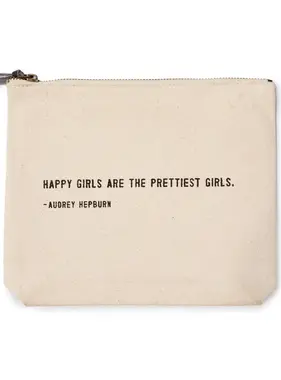 Happy Girls Are The Prettiest - Beige Canvas with Leather Zipper Tassle 9" x 7"