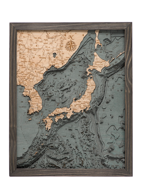 Japan & Korea Wood Map Gray Frame