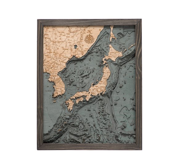 Japan & Korea Wood Map Gray Frame
