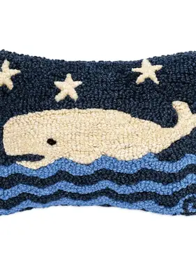 Blue Water Whale Hooked Wool Pillow 8” x 12”