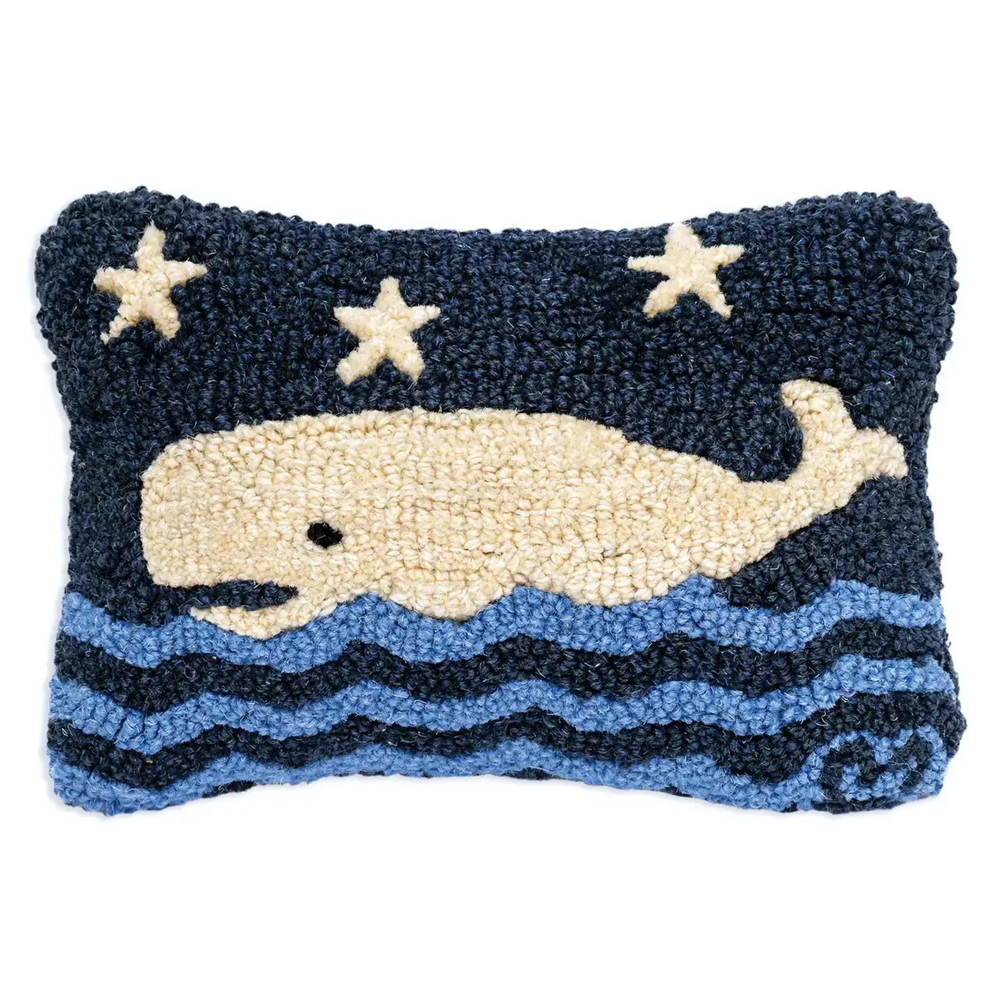Blue Water Whale Hooked Wool Pillow 8” x 12”