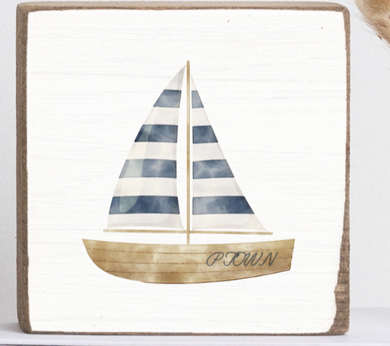 Square Block - Ptown Blue Stripe Wood Sailboat