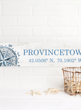 Barn Board Sign - Provincetown Coordinates Compass 6" x 24"