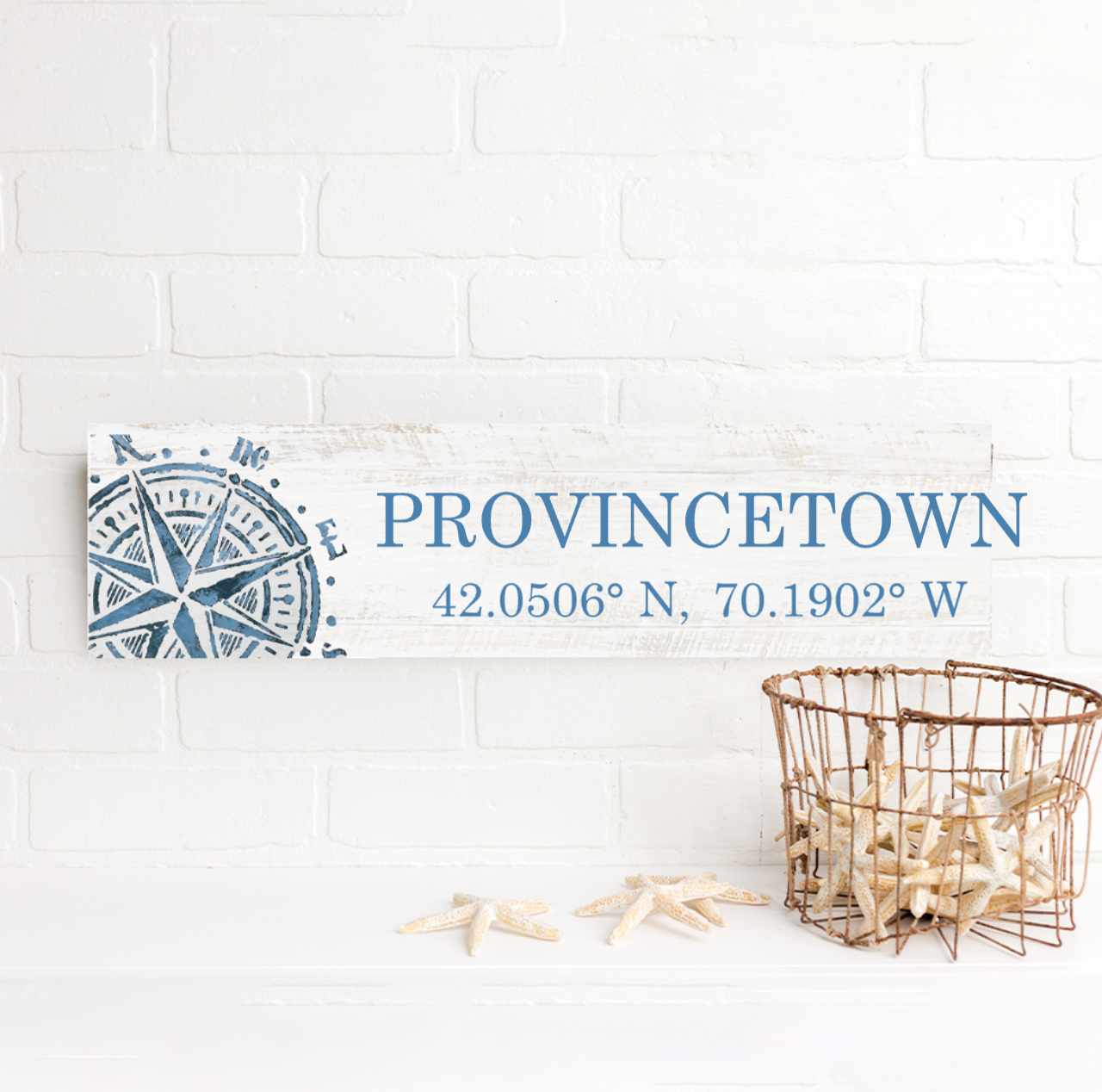Barn Board Sign - Provincetown Coordinates Compass 6" x 24"