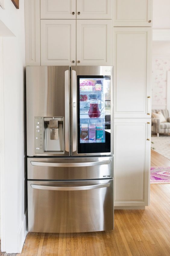 Smart fridge with a panel to see into the fridge contents. 