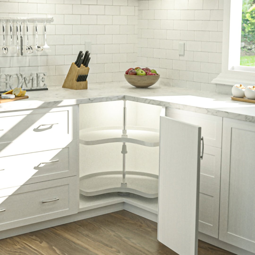 Bright white kitchen corner with lazy suzan cabinet