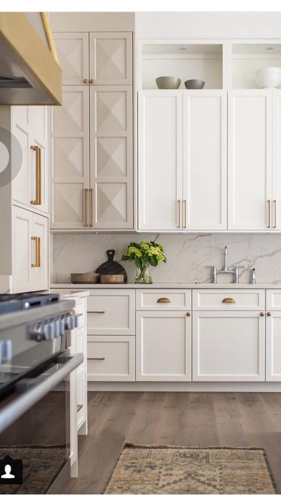 Beige Kitchen Cabinetry with Brass Pulls - Transitional - Kitchen