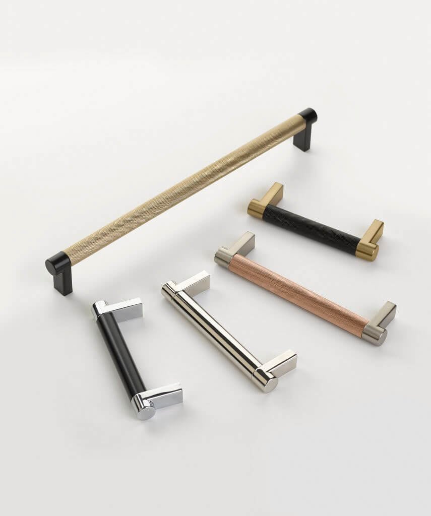 Cabinet handles arranged in a variety of textures and finishes