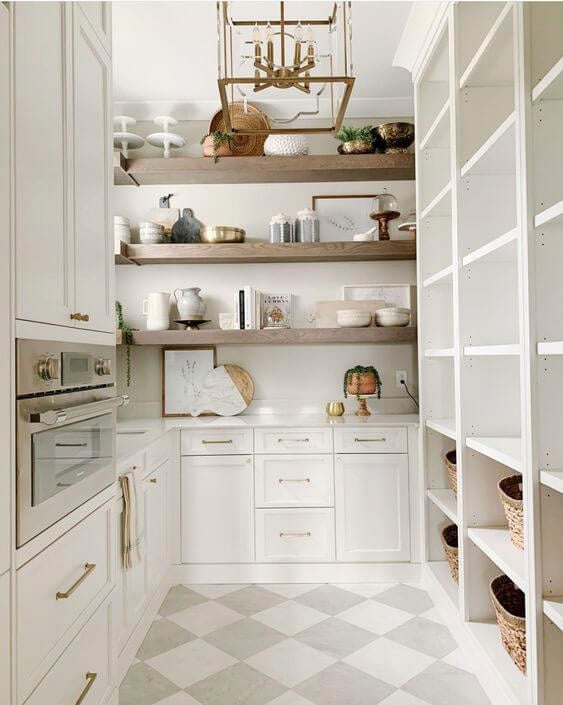 Large walk in pantry with wooden shelves