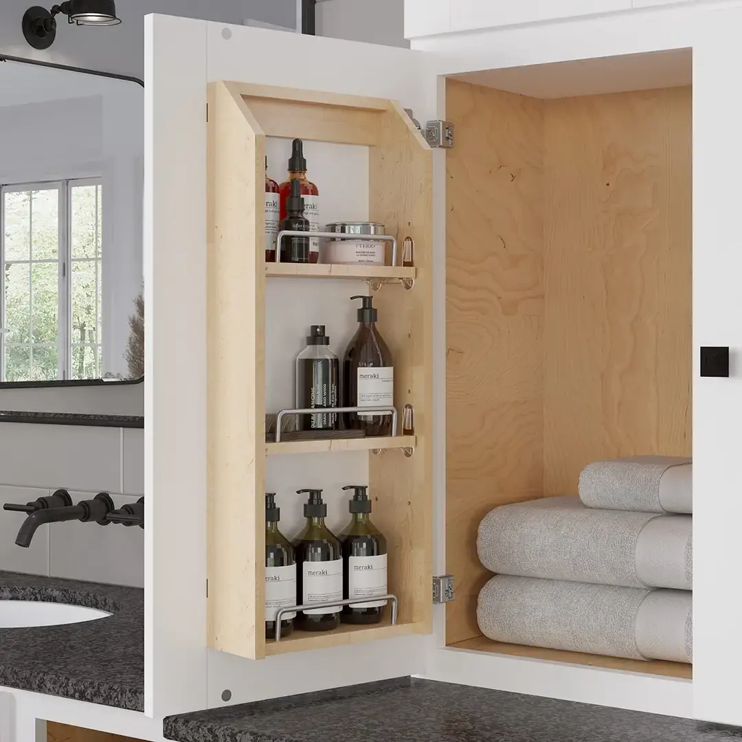 Door mounted spice rack with neatly organized spice jars
