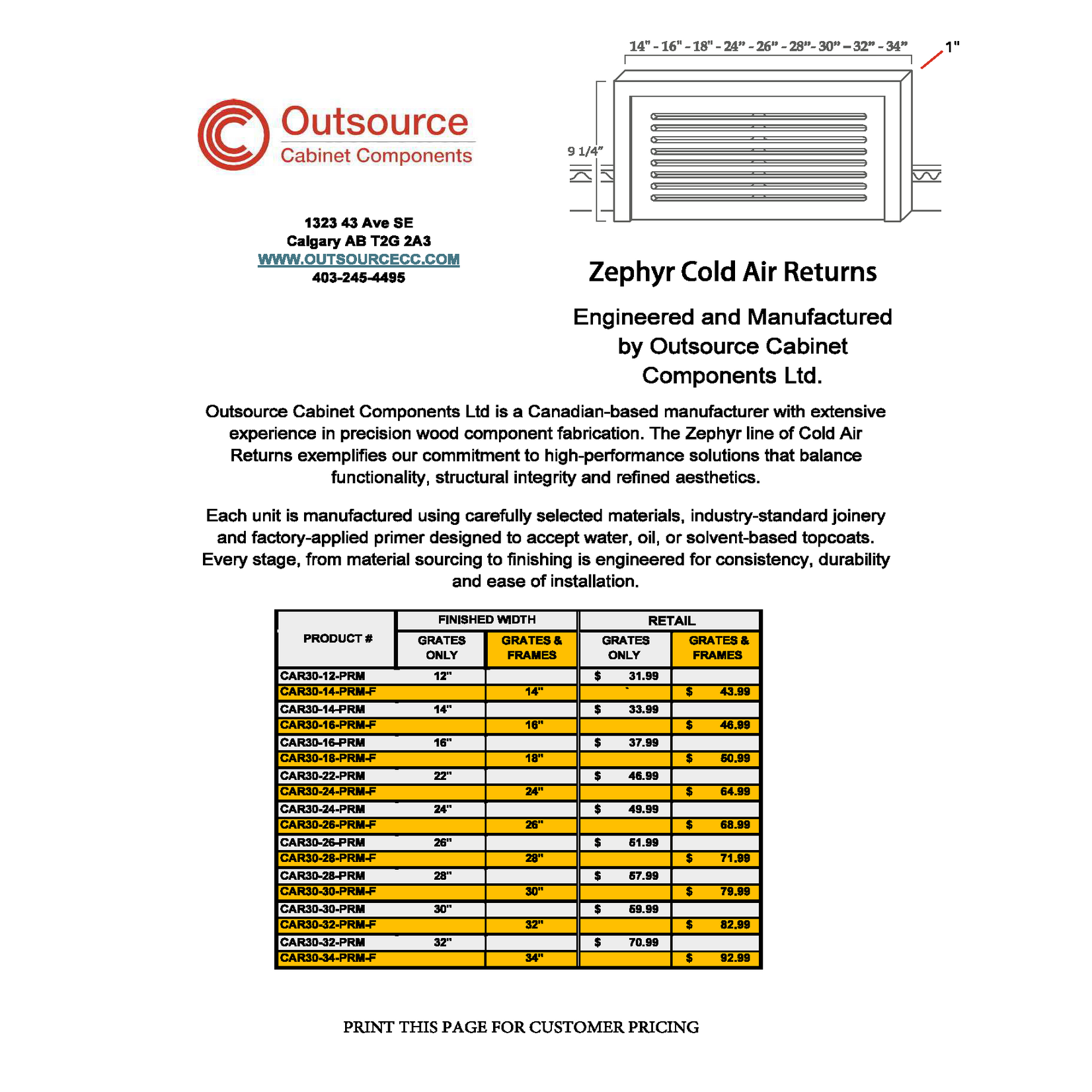 Outsource Zephyr Primed 30° Cold Air Return Without Frame - 28 in